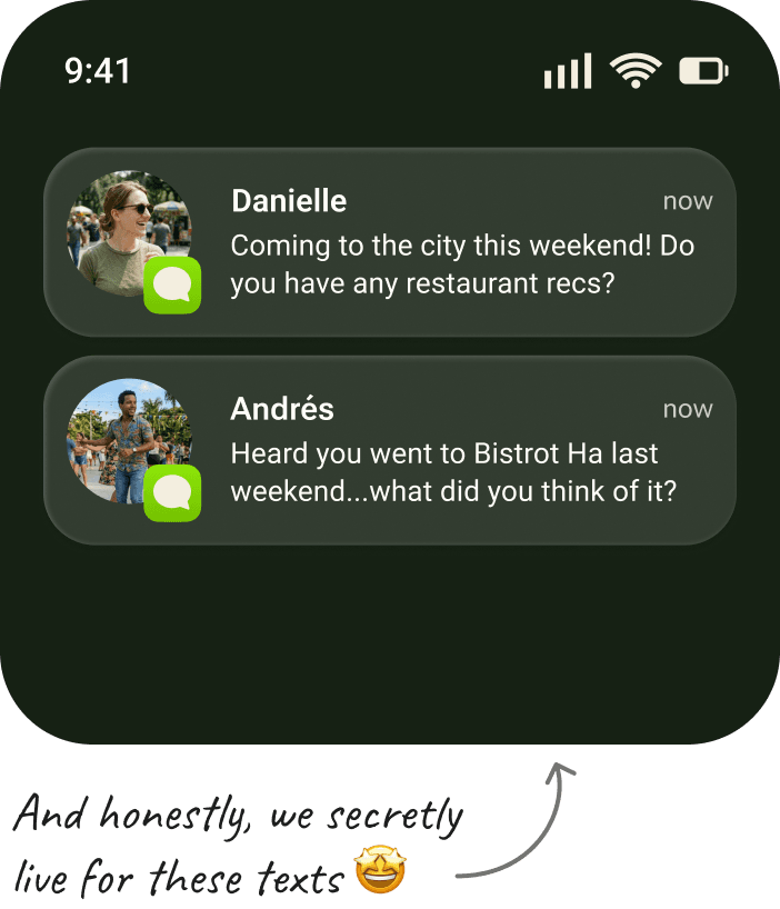 Text messages from friends asking for restaurant recommendations