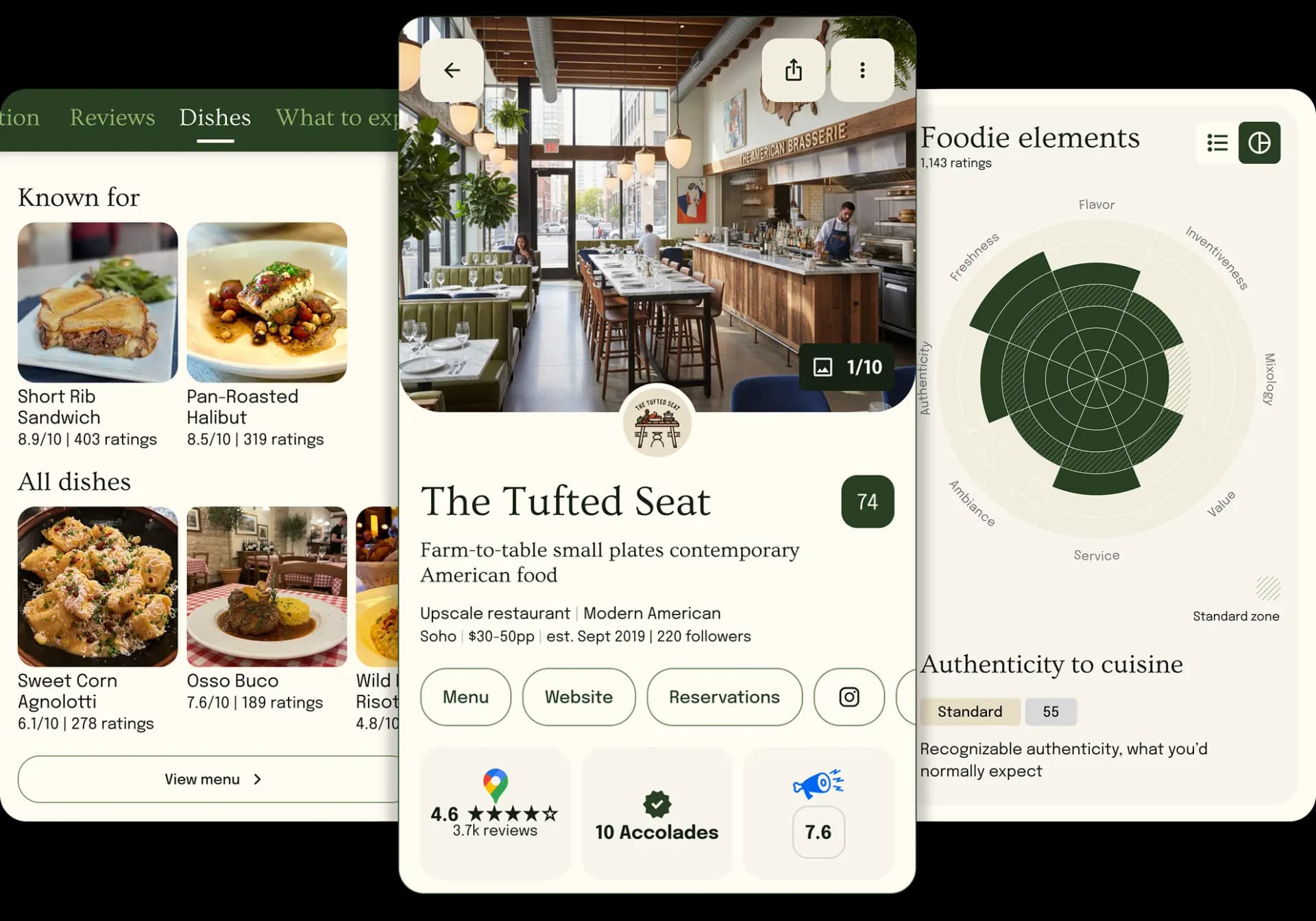 Three Foodie app screens showing restaurant details, ratings, and lists